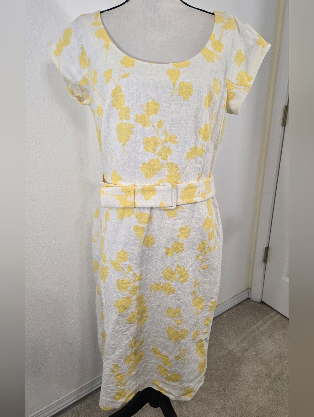 Ann Taylor Classic White/Yellow Floral Belted Sheath Dress Office Church, 14